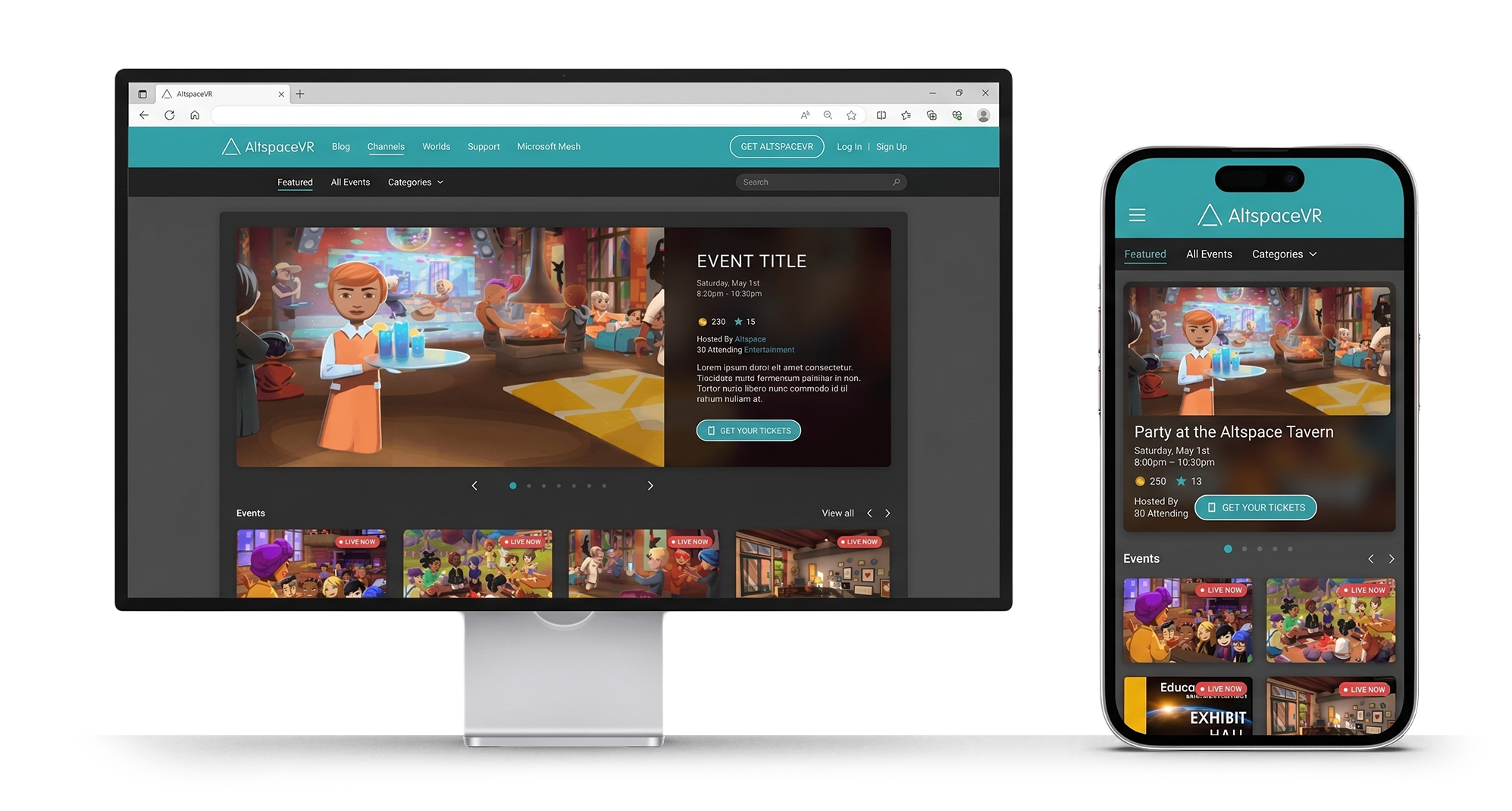Redesigned AltspaceVR events site with Mesh visual language and Mesh Coins, on desktop and mobile