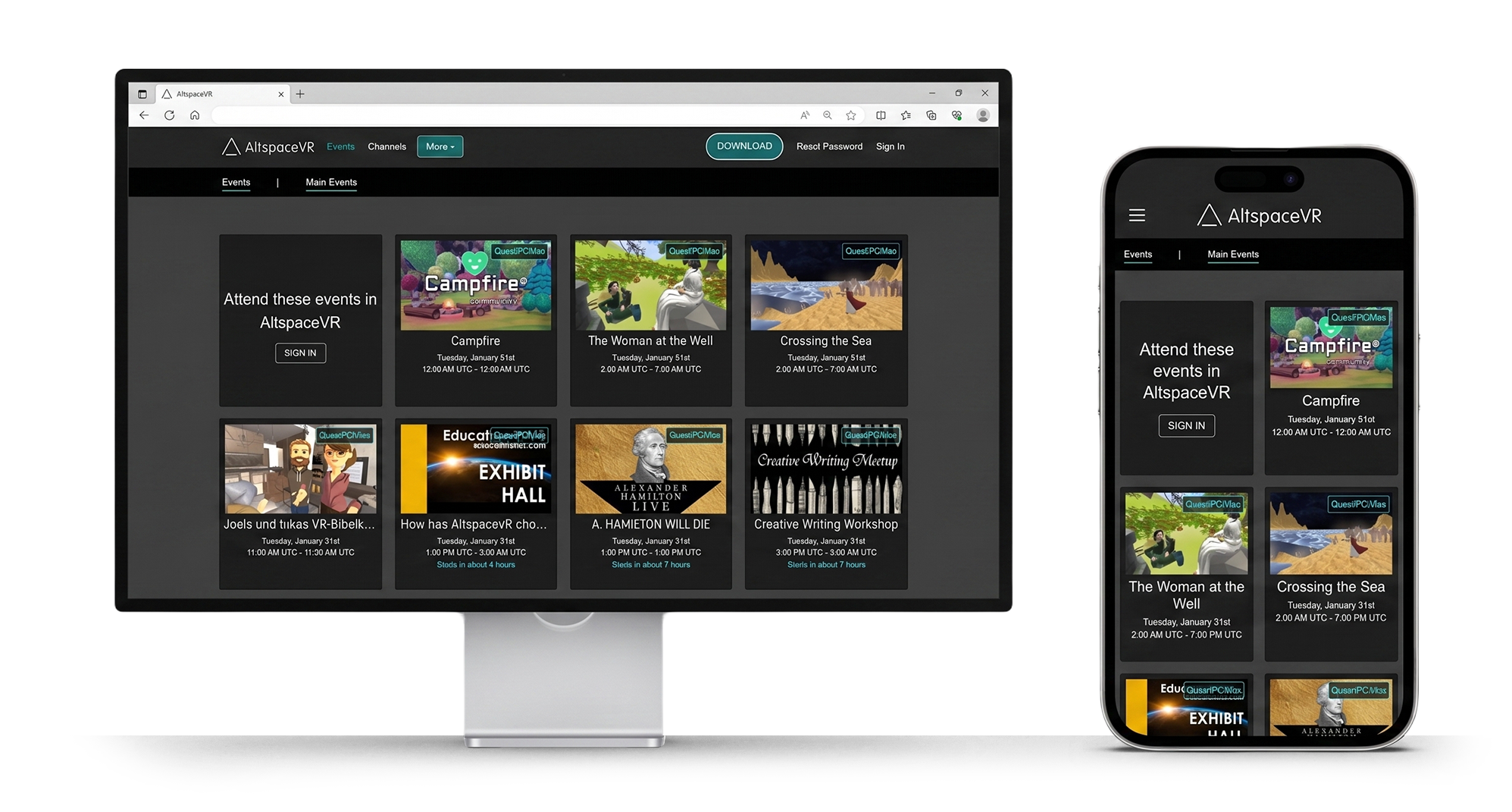AltspaceVR events site before the redesign, on desktop and mobile