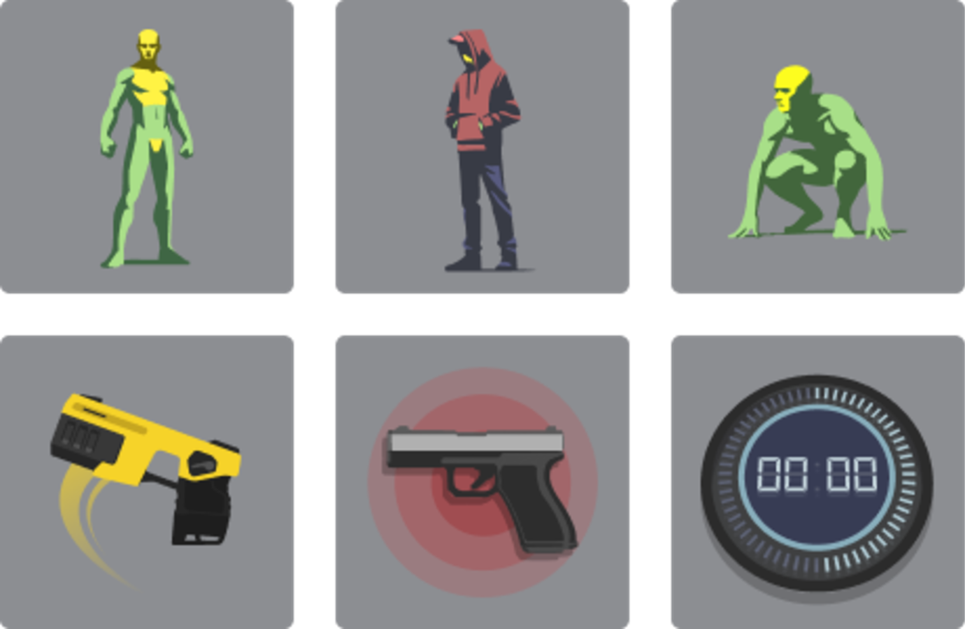 New training icon set: illustrated figures and equipment with color coding for VR legibility