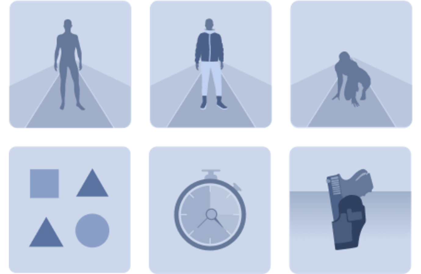Previous training icon set: flat monochrome blue silhouettes and symbols