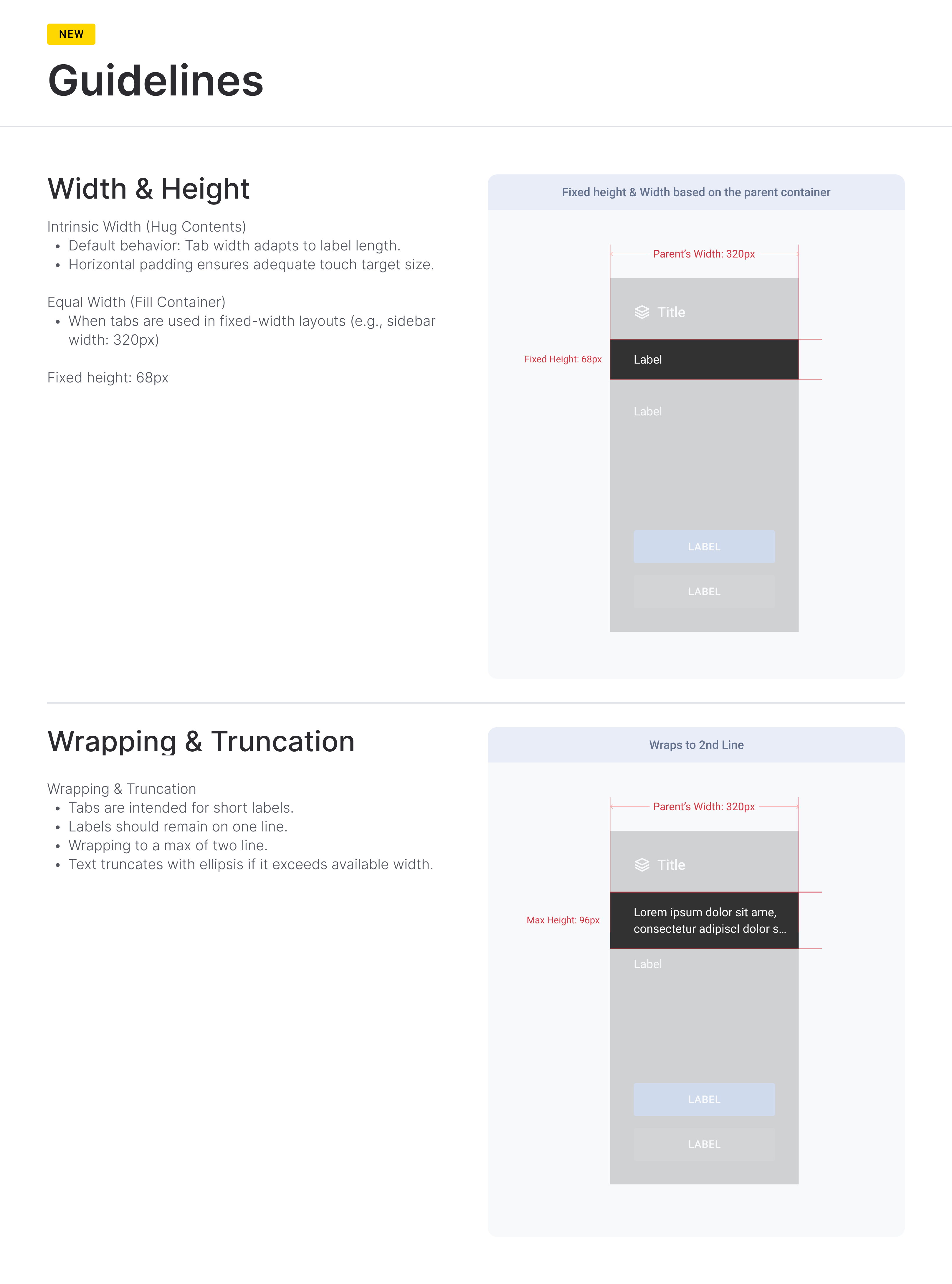 Component guidelines page: width, touch targets, wrapping and truncation rules