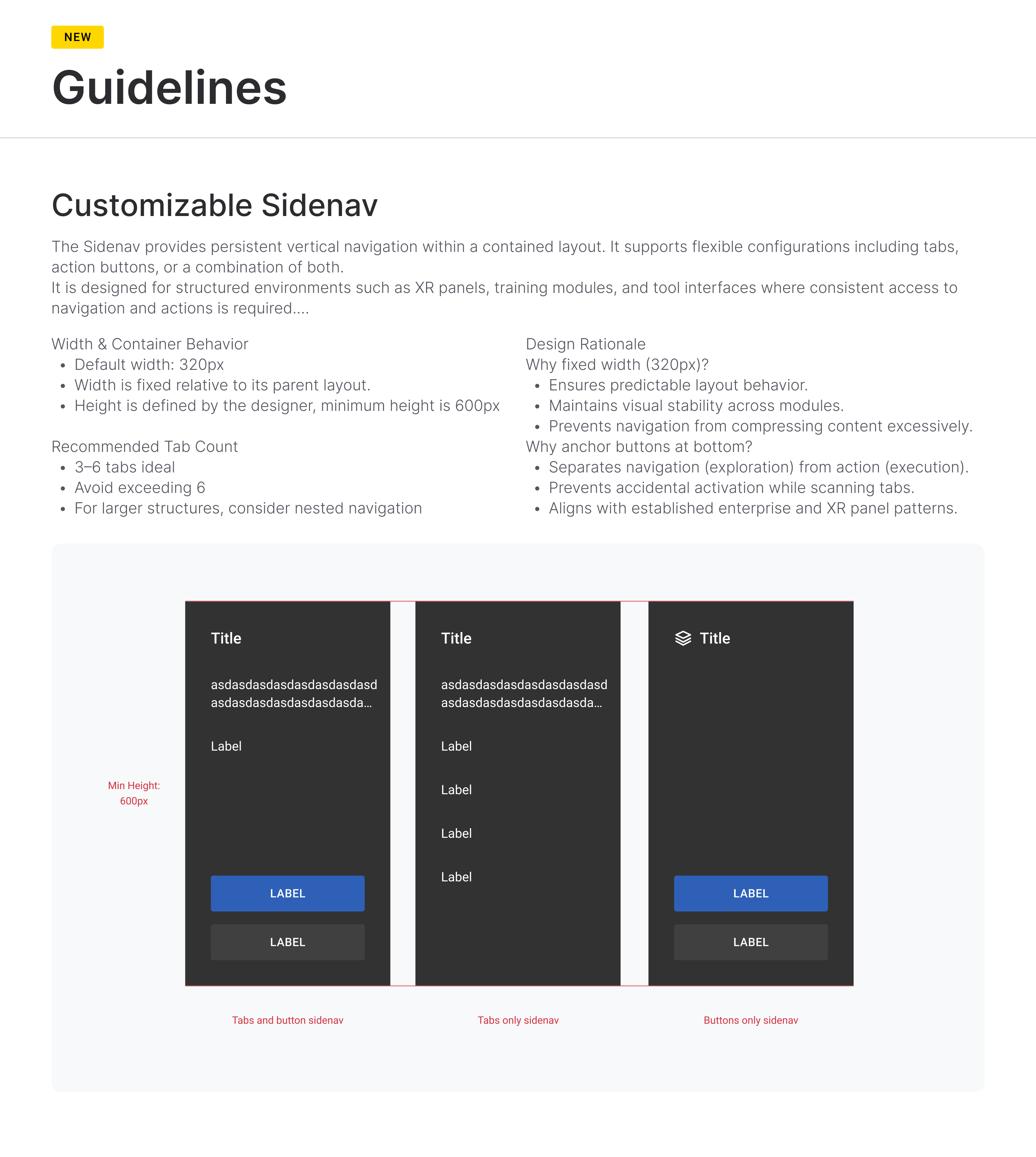 Sidenav guidelines page: container behavior, tab count, and design rationale