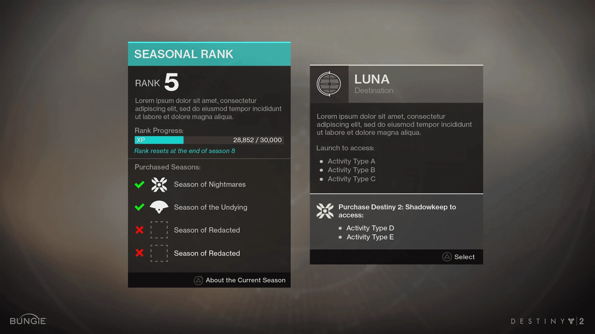 Seasonal rank and Luna destination screen