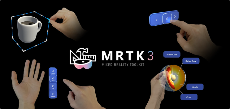 MRTK3, Microsoft's open-source mixed reality toolkit: hand tracking, bounds controls, and spatial UI components