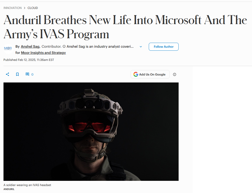 Forbes article: Anduril Breathes New Life Into Microsoft And The Army's IVAS Program