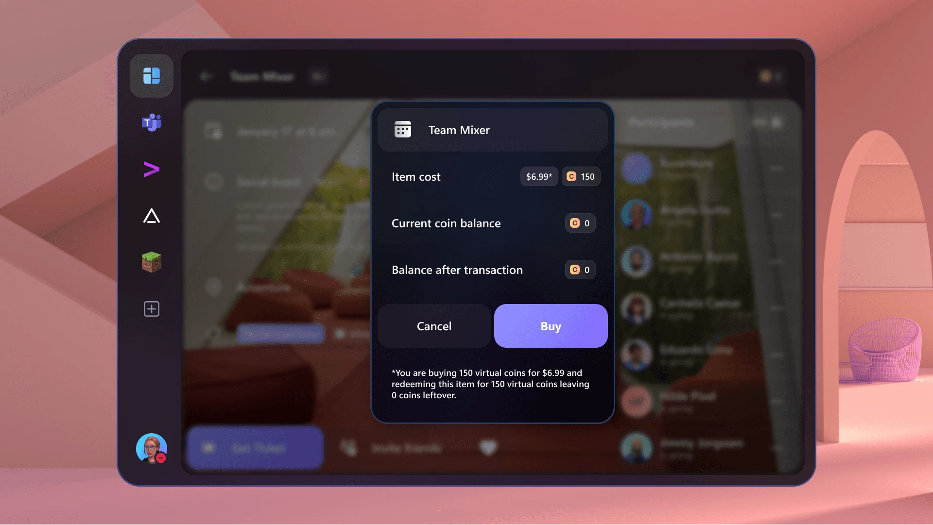 Purchase modal with coin balance and cost