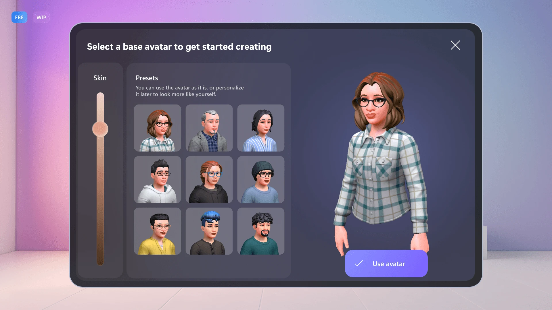 Base avatar selection with live skin preview