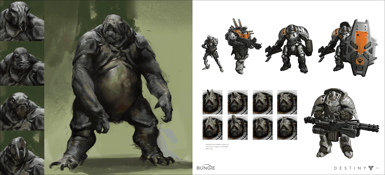 The Art of Destiny interior spread: creature concept and armored enemy variants