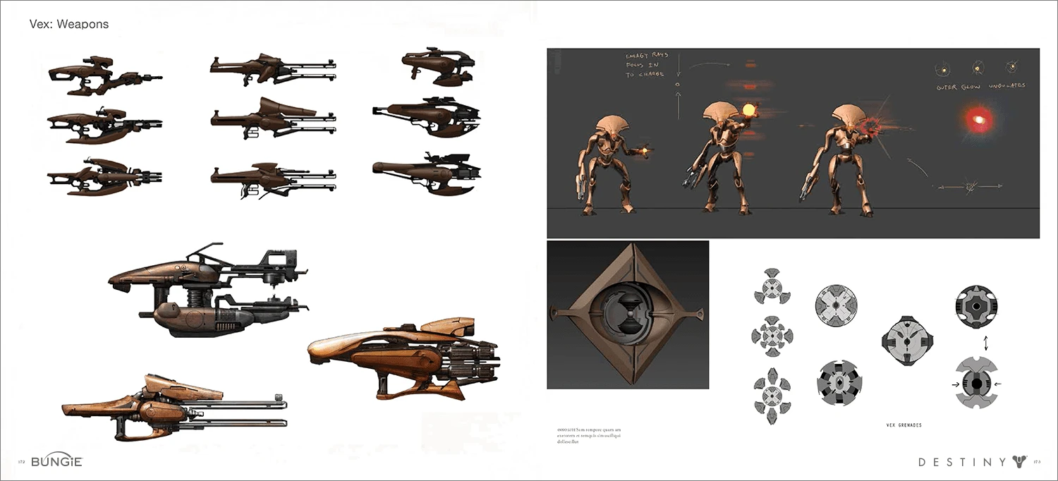 The Art of Destiny interior spread: weapon and enemy concept art