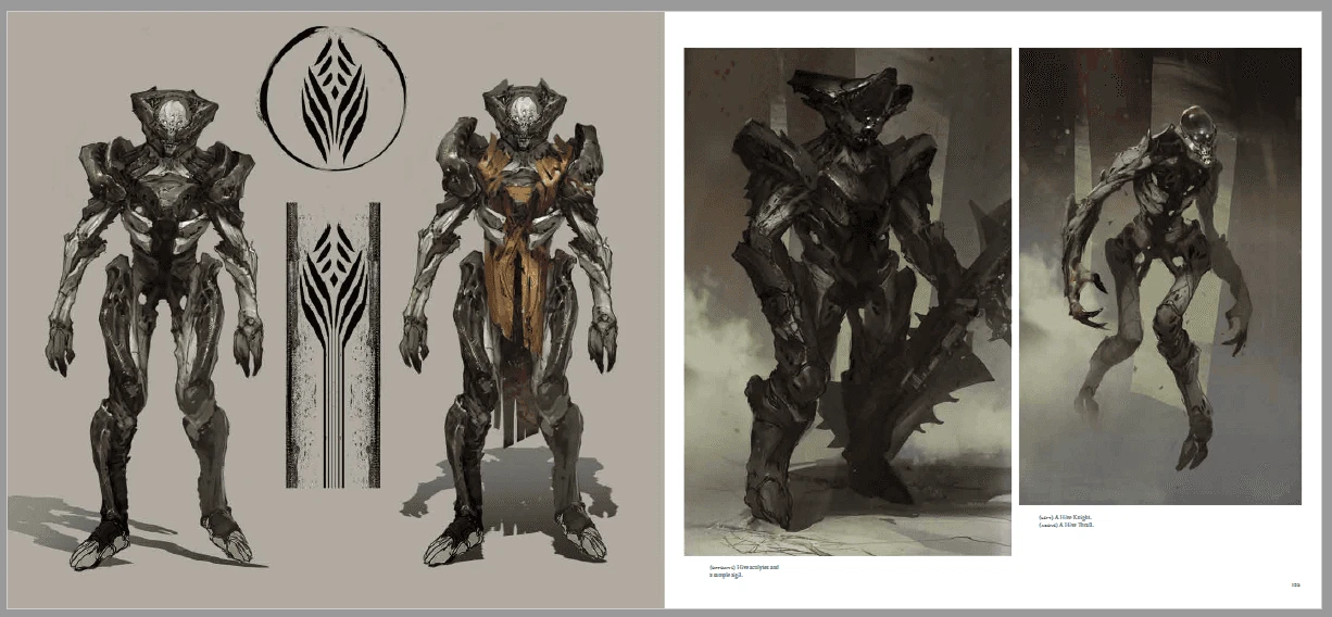 The Art of Destiny interior spread: armored enemy concepts and insignia
