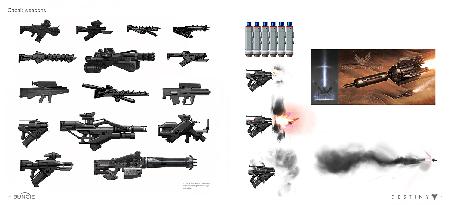 The Art of Destiny interior spread: weapon concept lineup