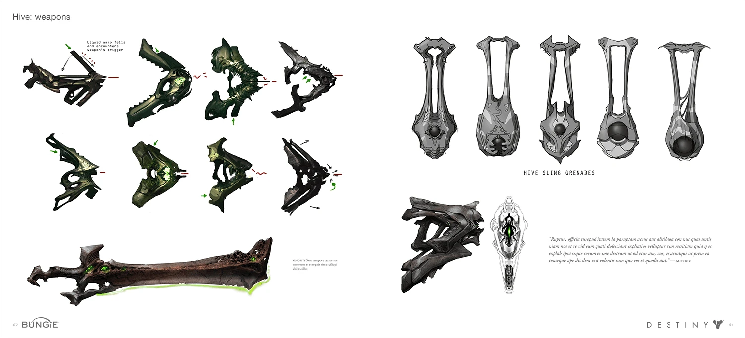 The Art of Destiny interior spread: weapon concepts and detail studies