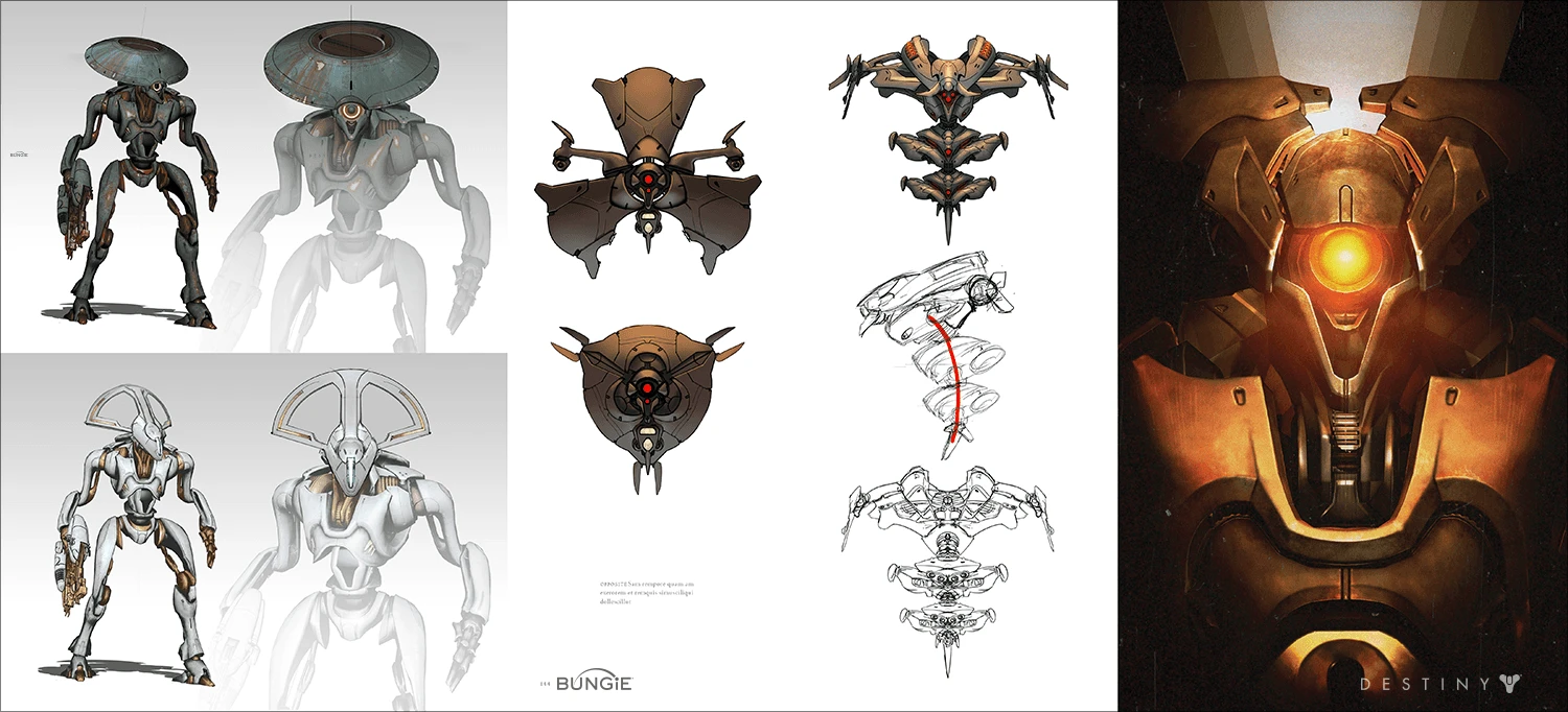 The Art of Destiny interior spread: enemy concepts and shrine art