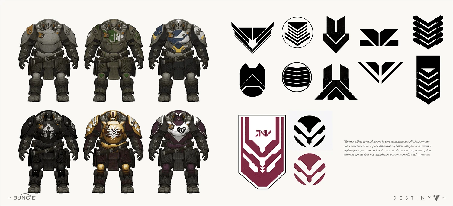 The Art of Destiny interior spread: armor variants and faction insignia