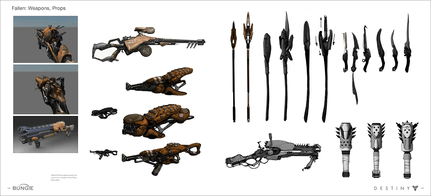 The Art of Destiny interior spread: swords and weapon silhouettes